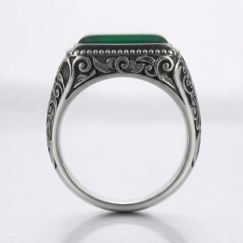 Natural Green Yemini Aqeeq for Men, Handcrafted 925 Sterling Silver ...