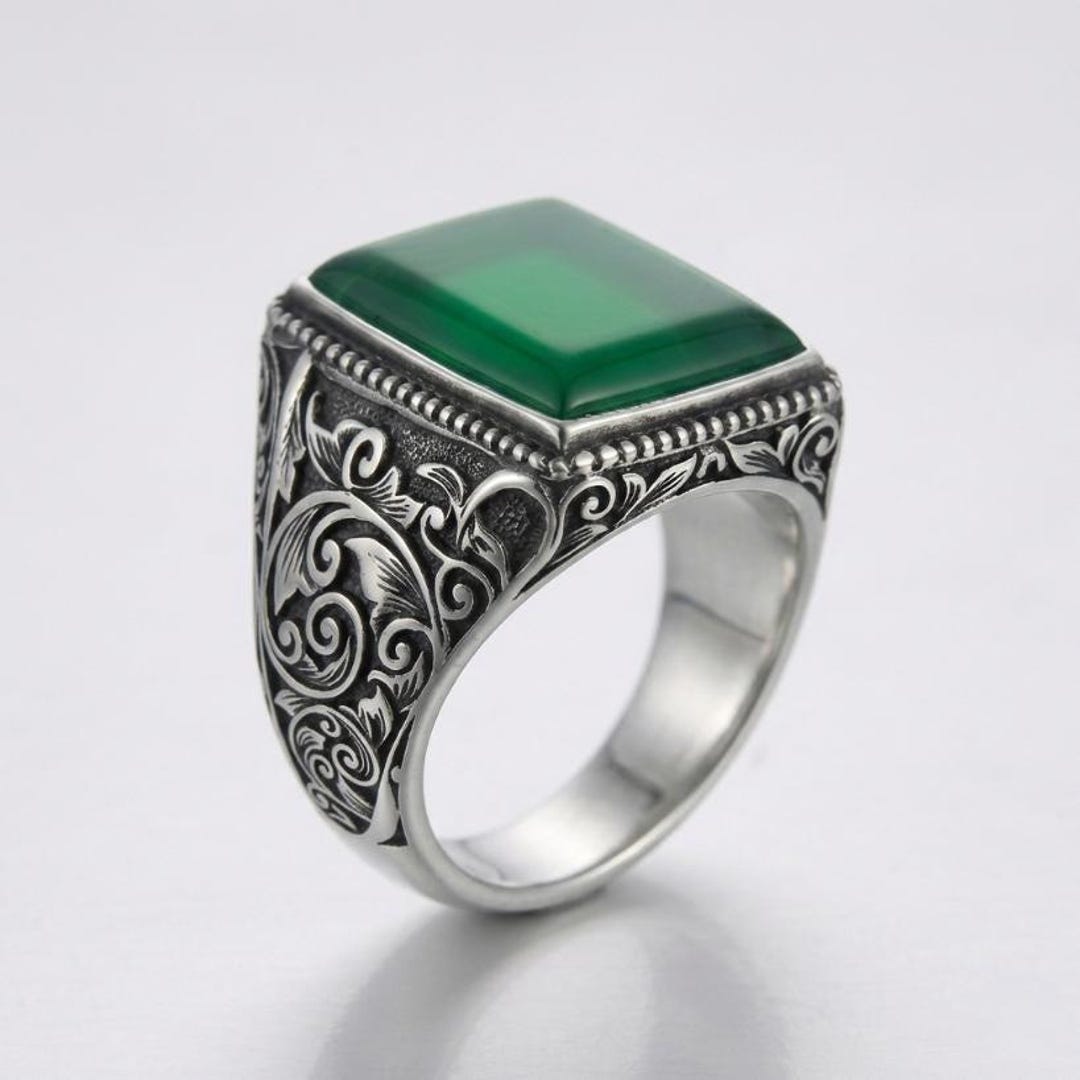 Natural Green Yemini Aqeeq for Men, Handcrafted 925 Sterling Silver ...