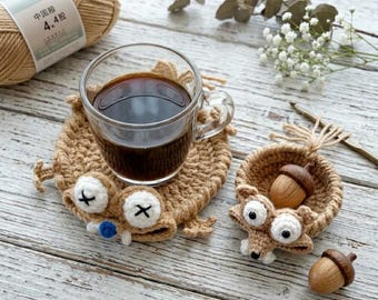 Padrão de crochê para porta-copos de esquilo saltitante, tapete de caneca de animal engraçado, decoração para copos