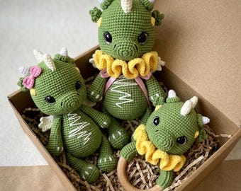 Padrão de Dragão de Crochê – Amigurumi de Dinossauro, Chocalho, Presente de Bebê Faça Você Mesmo, Instruções para Boneca (Download em PDF)