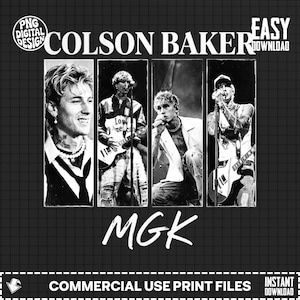 May include: Black and white collage featuring Colson Baker, with the text "COLSON BAKER" at the top. The image includes four panels of the artist, with the letters "MGK" below. The words "PNG DIGITAL DESIGN" and "EASY DOWNLOAD" are also visible.