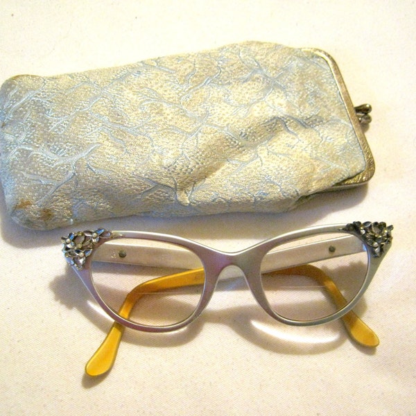 On Sale Vintage Fancy Flower Design TURA Silver Metal Cat Eye Style RETRO EYEGLASSES with Case