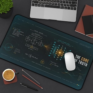May include: A rectangular desk mat featuring a dark background with white and gold technical diagrams, including a Turing machine schematic, neural network visualization, and mathematical formulas, with the text THE CORE OF TRUTH printed in bold.