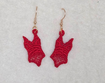 Red Lace Bathing Suit Earrings - Machine Embroidered Swimsuit Jewelry - Summer Beach Dangle Earrings - Fun Boho Gift for Her
