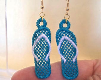 Flip Flop Lace Sandal Earrings, Lightweight Embroidered Thread Drops
