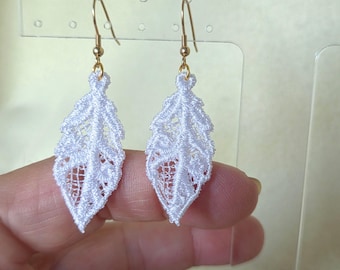 Lace Leaf Earrings – Machine Embroidered Botanical Jewelry, Lightweight Nature Inspired Dangle Earrings, Handmade Gift for Her