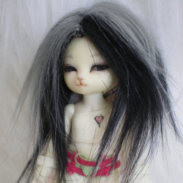 Black, Grey, Cream mix Faux fur wig for pukipuki and similar sized tiny Ball Jointed Dolls size 4"