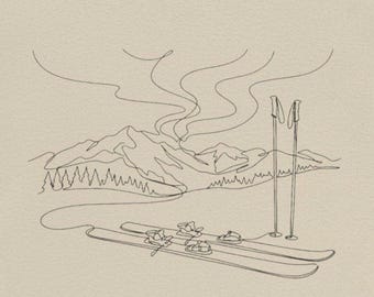 Camiseta con arte lineal de estación de esquí / Ilustración de bastones y esquís de montaña