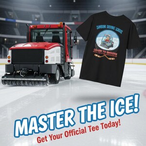 K&ouml;nnte beinhalten: Ein schwarzes T-Shirt mit dem Text "Zamboni Driving School" und einem Cartoon eines Zamboni-Eisaufbereitungsger&auml;ts. Ein rotes und wei&szlig;es Zamboni-Eisaufbereitungsger&auml;t befindet sich auf dem Eis. Der Text "MASTER THE ICE!" steht unten.