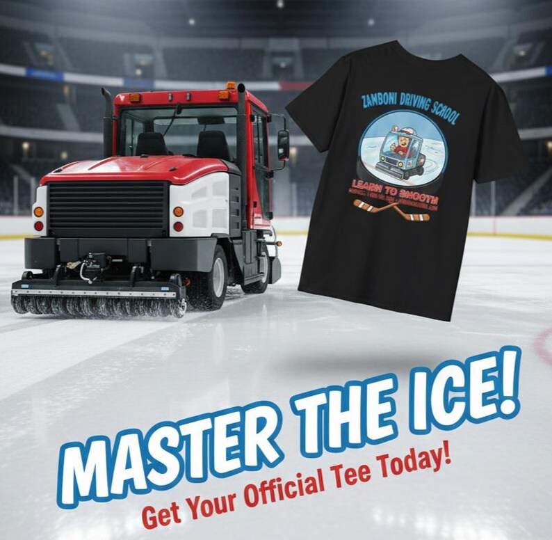 K&ouml;nnte beinhalten: Ein schwarzes T-Shirt mit dem Text "Zamboni Driving School" und einem Cartoon eines Zamboni-Eisaufbereitungsger&auml;ts. Ein rotes und wei&szlig;es Zamboni-Eisaufbereitungsger&auml;t befindet sich auf dem Eis. Der Text "MASTER THE ICE!" steht unten.