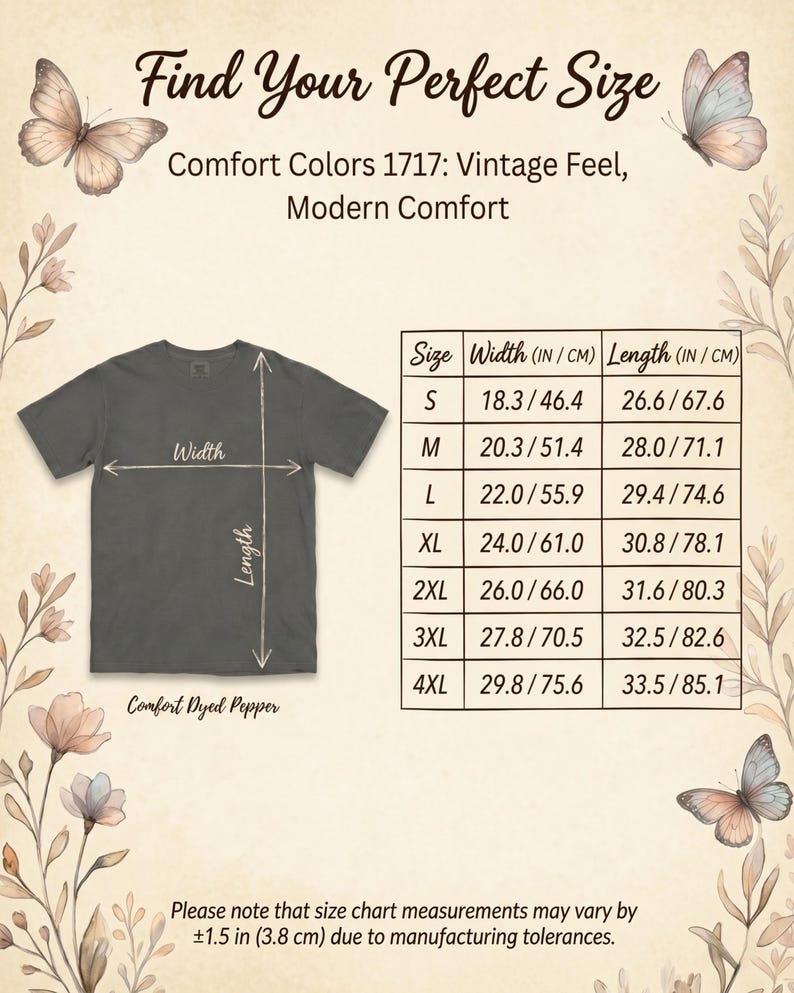 Peut inclure: Un t-shirt Comfort Colors en Comfort Dyed Pepper, avec un tableau des tailles indiquant les mesures de largeur et de longueur en pouces et en centim&egrave;tres. Le tableau comprend les tailles S &agrave; 4XL, avec des largeurs allant de 46,4 cm &agrave; 75,6 cm.