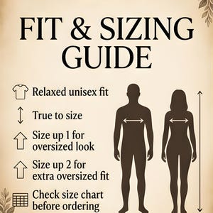 Peut inclure: Graphique beige avec le texte "Softstead FIT & SIZING GUIDE". Le guide comprend des instructions pour une coupe unisexe d&eacute;contract&eacute;e, fid&egrave;le &agrave; la taille et pour une coupe surdimensionn&eacute;e. Des silhouettes d'un homme et d'une femme sont pr&eacute;sent&eacute;es.