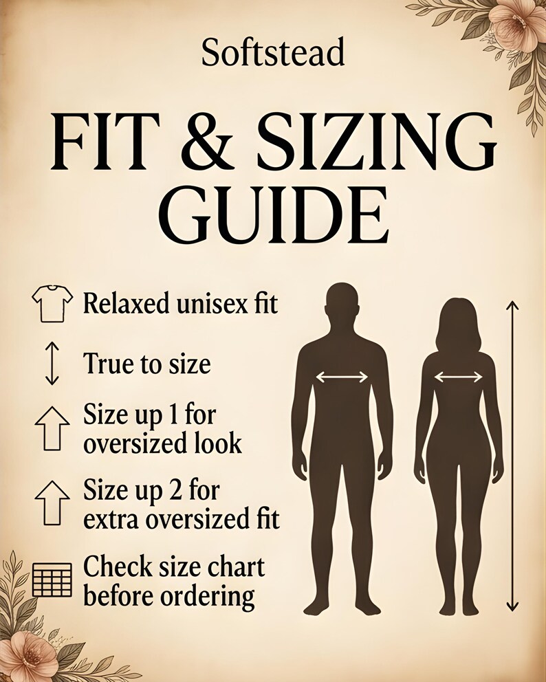 Peut inclure: Graphique beige avec le texte "Softstead FIT & SIZING GUIDE". Le guide comprend des instructions pour une coupe unisexe d&eacute;contract&eacute;e, fid&egrave;le &agrave; la taille et pour une coupe surdimensionn&eacute;e. Des silhouettes d'un homme et d'une femme sont pr&eacute;sent&eacute;es.