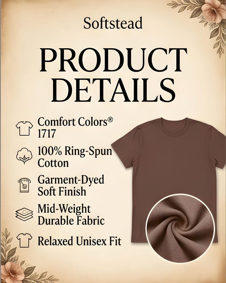 Peut inclure: Un t-shirt marron &agrave; col rond, pr&eacute;sent&eacute; sur un fond clair. L'image comprend du texte d&eacute;taillant les caract&eacute;ristiques du t-shirt : Comfort Colors, 100% coton fil&eacute; &agrave; anneaux, finition douce teinte en v&ecirc;tement, tissu durable de poids moyen et coupe unisexe d&eacute;contract&eacute;e.