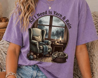 Camiseta "Teje y escucha la lluvia", camiseta acogedora estilo cottagecore para amantes del tejido.