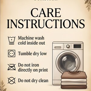 Peut inclure: Graphique beige avec le texte "Softstead CARE INSTRUCTIONS" et des symboles de blanchisserie. Les instructions incluent lavage en machine &agrave; froid, s&egrave;che-linge &agrave; basse temp&eacute;rature, ne pas repasser directement sur l'impression et ne pas nettoyer &agrave; sec. Une machine &agrave; laver et des v&ecirc;tements pli&eacute;s sont &eacute;galement montr&eacute;s.