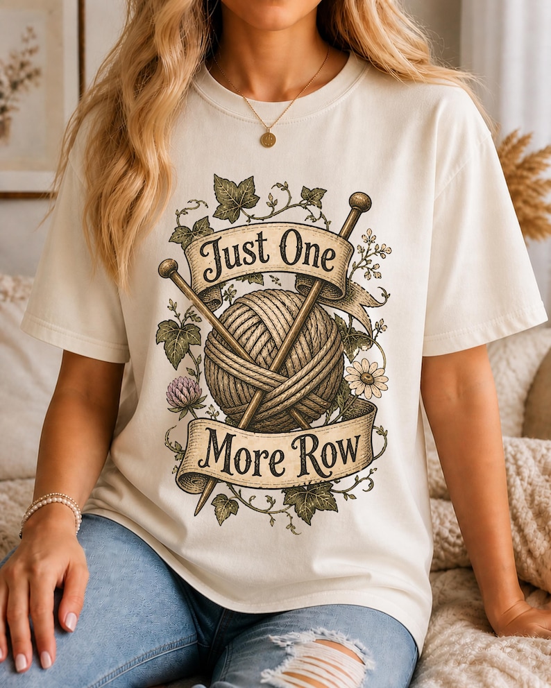 Peut inclure: T-shirt cr&egrave;me avec un motif d'une pelote de laine, d'aiguilles &agrave; tricoter et le texte "Just One More Row". Le motif comprend des accents floraux et de feuilles. Le t-shirt est de style d&eacute;contract&eacute; et confortable.