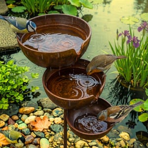 Puede incluir: Fuente para pájaros de metal de tres niveles con cuencos llenos de agua. Varios pájaros pequeños beben de ella. El fondo incluye un estanque, vegetación y flores moradas, creando una escena de jardín natural y tranquila.