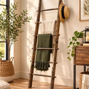 Escalera decorativa de estilo rústico / Escalera alta de madera para mantas con pomos para colgar / Escalera toallero para la decoración de la sala de estar y el baño.