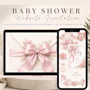 May include: A digital baby shower website invitation displayed on a laptop and smartphone screen, featuring a pink satin bow, floral illustrations, and text including BABY SHOWER, RSVP, MUSIC, COUNTDOWN, LOCATION, REGISTRY, and Baby Bloom.