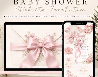 May include: A digital baby shower website invitation displayed on a laptop and smartphone screen, featuring a pink satin bow, floral illustrations, and text including BABY SHOWER, RSVP, MUSIC, COUNTDOWN, LOCATION, REGISTRY, and Baby Bloom.