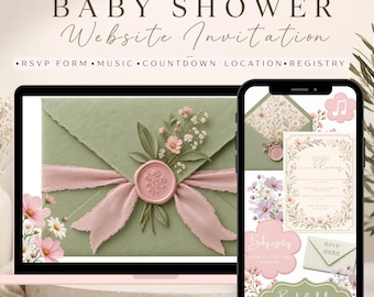 May include: A digital baby shower website invitation displayed on a laptop and smartphone screen. The design features a sage green envelope with a pink wax seal, pink ribbon, and floral accents, alongside text for RSVP, music, countdown, and registry.