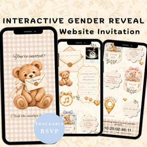 Op de afbeelding: Drie smartphones tonen een interactieve website-uitnodiging voor een gender reveal met een bruine teddybeer, crèmekleurige enveloppen en tekst waaronder "You're invited", "Gender Reveal He or She" en een afteltimer.