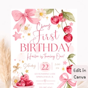 May include: A pink and white first birthday invitation featuring watercolor cherries, bows, and floral details. The text reads "Cherry First Birthday" and includes the date, time, and location.