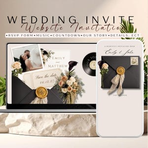 Könnte beinhalten: Eine digitale Hochzeitseinladungsvorlage auf einem Laptop- und Smartphone-Bildschirm. Das Design zeigt schwarze Umschläge mit goldenen Wachssiegeln, cremefarbene Blumenarrangements und ein Foto eines Paares. Der Text umfasst Wedding Invite, Website Invitation, RSVP Form, Music, Countdown, Our Story, Details, Emily and Matthew, Save the date 06.12.27 und A heartfelt invitation from Emily & John.
