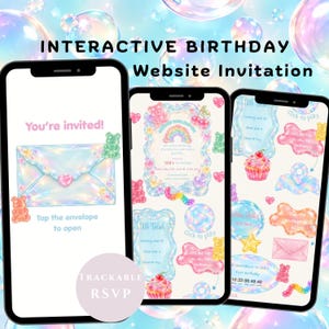 May include: Three smartphones display an interactive birthday website invitation with a pastel bubble theme. The screens feature gummy bear graphics, a cupcake, a rainbow, and text including 'You're invited!', 'Click to play', and 'Trackable RSVP'.