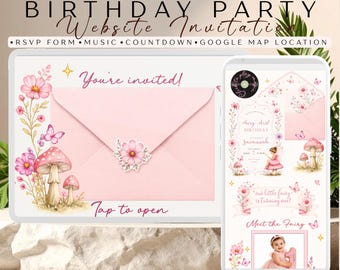 Plantilla de invitación para sitio web de primer cumpleaños de hadas, invitación de hadas editable, sitio web de fiesta de hadas rosa, invitación para el primer cumpleaños en Canva, invitación digital