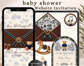 Website-Vorlage für eine Babyparty im Ralph-Lauren-Stil mit RSVP-Funktion, luxuriöse, pferdegerechte Einladung mit Teddybär-Motiv (bearbeitbar, Canva)