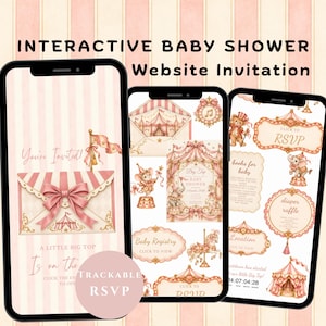 Peut inclure: Trois smartphones affichant une invitation interactive de fête prénatale sur le thème du cirque. Les écrans présentent des rayures roses et crème, des illustrations de chapiteau, d'ours en peluche, d'éléphant et de carrousel, avec le texte "You're Invited!", "Baby Registry" et "Click to RSVP".