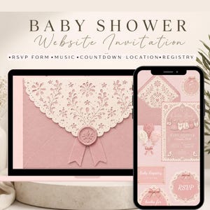 May include: A digital baby shower website invitation displayed on a laptop and smartphone screen. The design features a dusty pink envelope with a cream-colored laser-cut lace flap and a wax seal, alongside icons for RSVP, music, and registry.