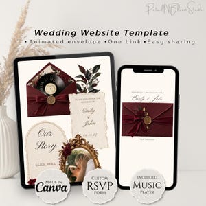 May include: A digital wedding website template displayed on a tablet and smartphone. The design features a deep burgundy envelope with a wax seal, a vinyl record, and ornate gold frames. Text includes Wedding Website Template, Emily & John, Our Story, Made in Canva, Custom RSVP Form, and Included Music Player.