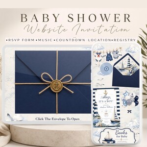 Può includere: Un invito digitale per baby shower con una busta blu navy, un sigillo di ceralacca dorato a forma di ancora e spago. L'interfaccia mobile mostra grafiche nautiche tra cui un faro, una barca a vela, vestiti per neonati e palloncini con il testo Ahoy, IT'S A BOY.