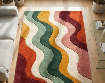 Mid Century Modern Wave Rug, Hand Tufted Wool, Abstract Pattern (8x10)