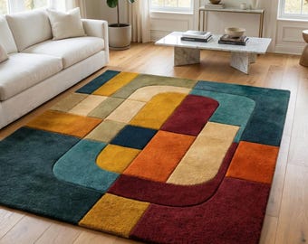 Abstrakter Handgetufteter Wollteppich Geometrischer Stil, Moderner Mid Century Bereich Teppich, Bunter Designer Teppich für Wohnzimmer Schlafzimmer