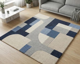 Modern Abstract Hand Tufted Wool Rug, Blue & Cream Geometric Area Rug, Plush Living Room Carpet, Handmade Wool Rug