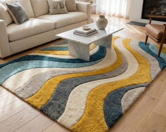 Hand Tufted Wool Area Rug, Modern Abstract Wave Rug, Soft Plush Carpet for Living Room & Bedroom, Handmade Designer Rug