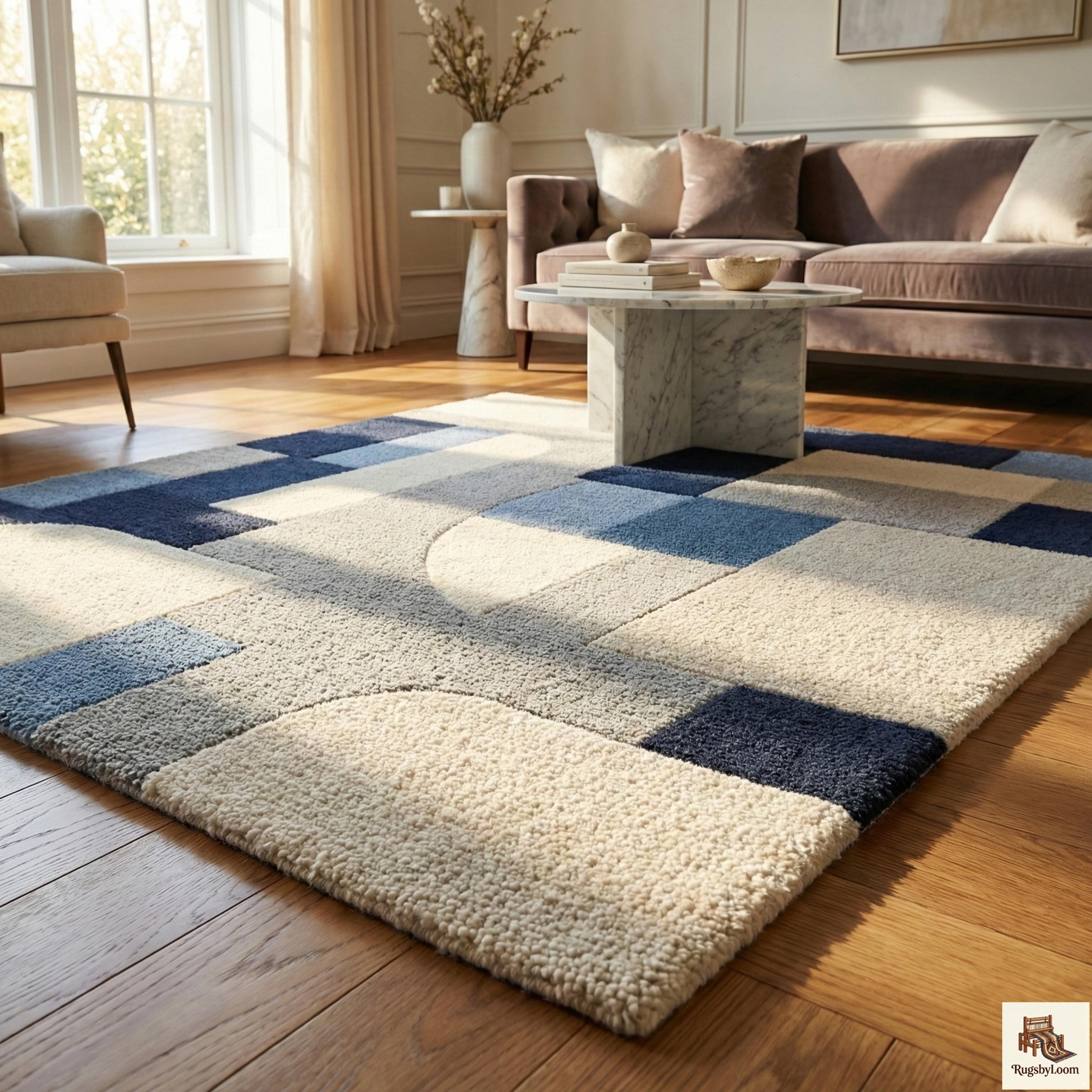 Modern Abstract Hand Tufted Wool Rug, Blue & Cream Geometric Area Rug ...