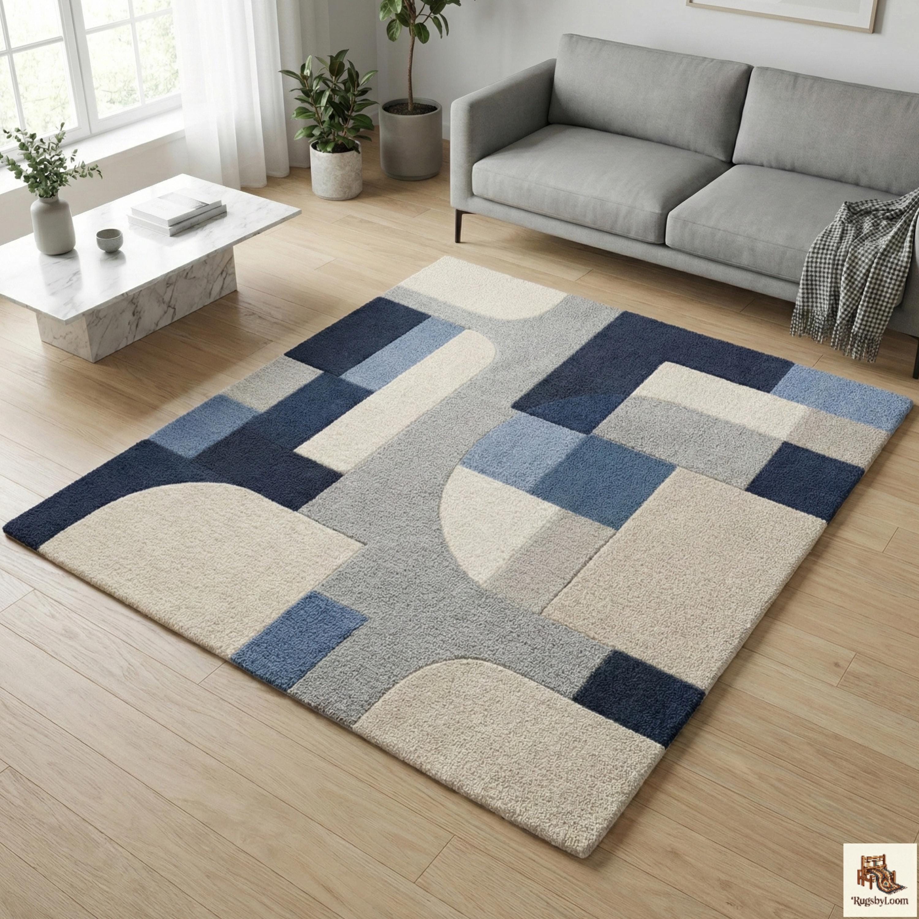Modern Abstract Hand Tufted Wool Rug, Blue & Cream Geometric Area Rug ...