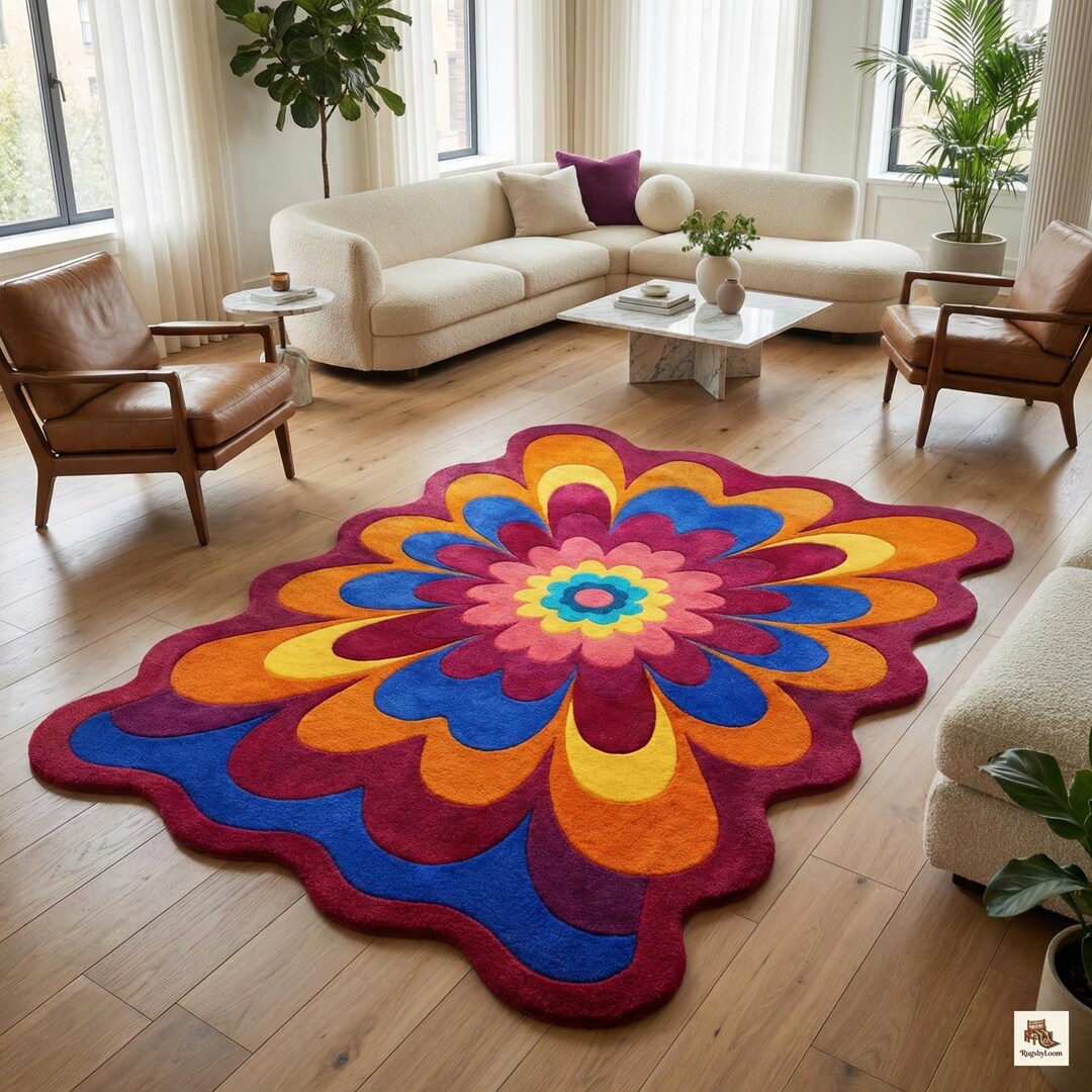 Colorful Floral Hand Tufted Wool Rug, Boho Flower Area Rug, Modern ...