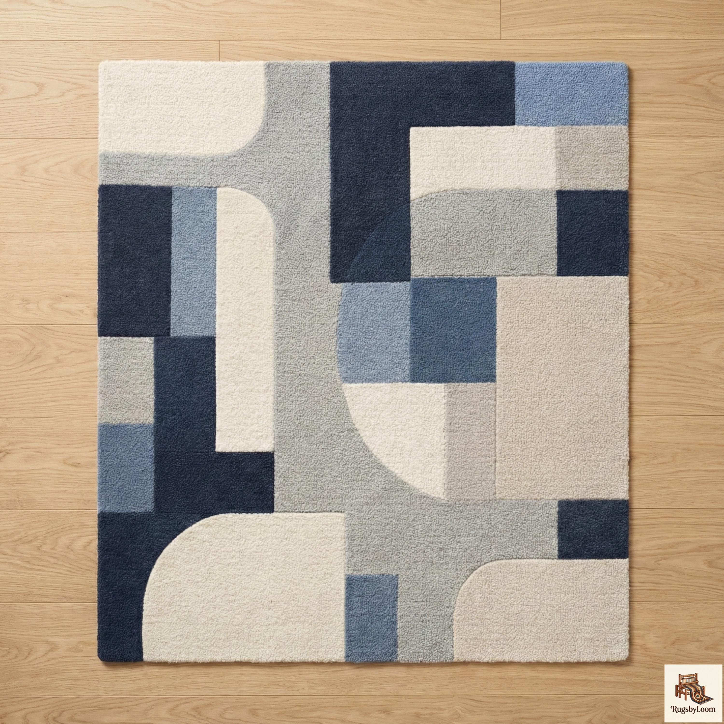 Modern Abstract Hand Tufted Wool Rug, Blue & Cream Geometric Area Rug ...