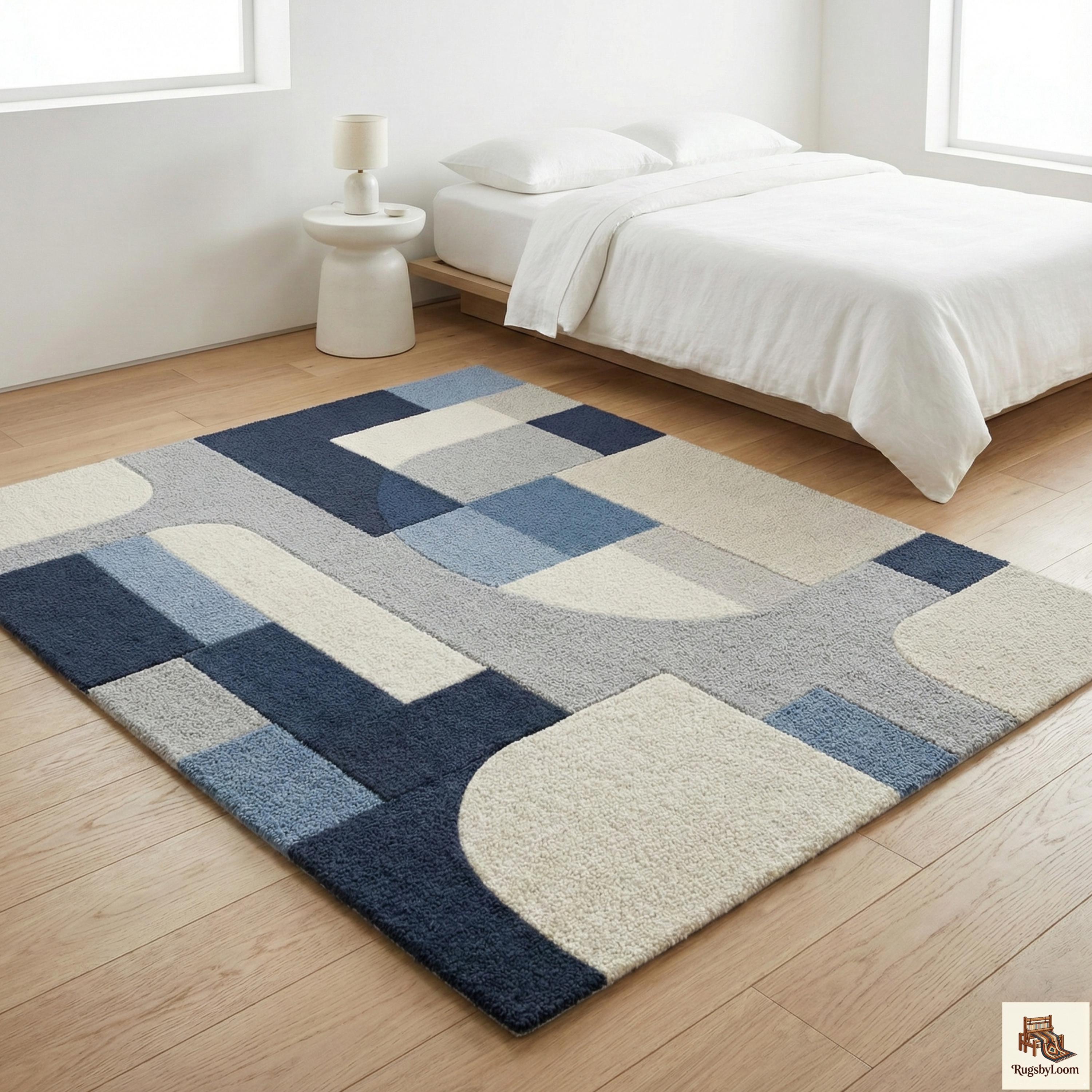 Modern Abstract Hand Tufted Wool Rug, Blue & Cream Geometric Area Rug ...