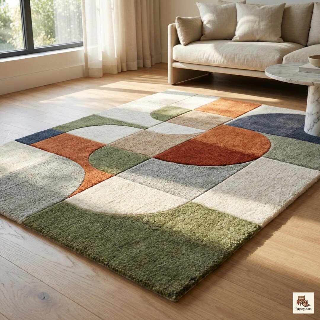 Geometric Wool Area Rug: Hand Tufted Modern Abstract Mid Century Design ...