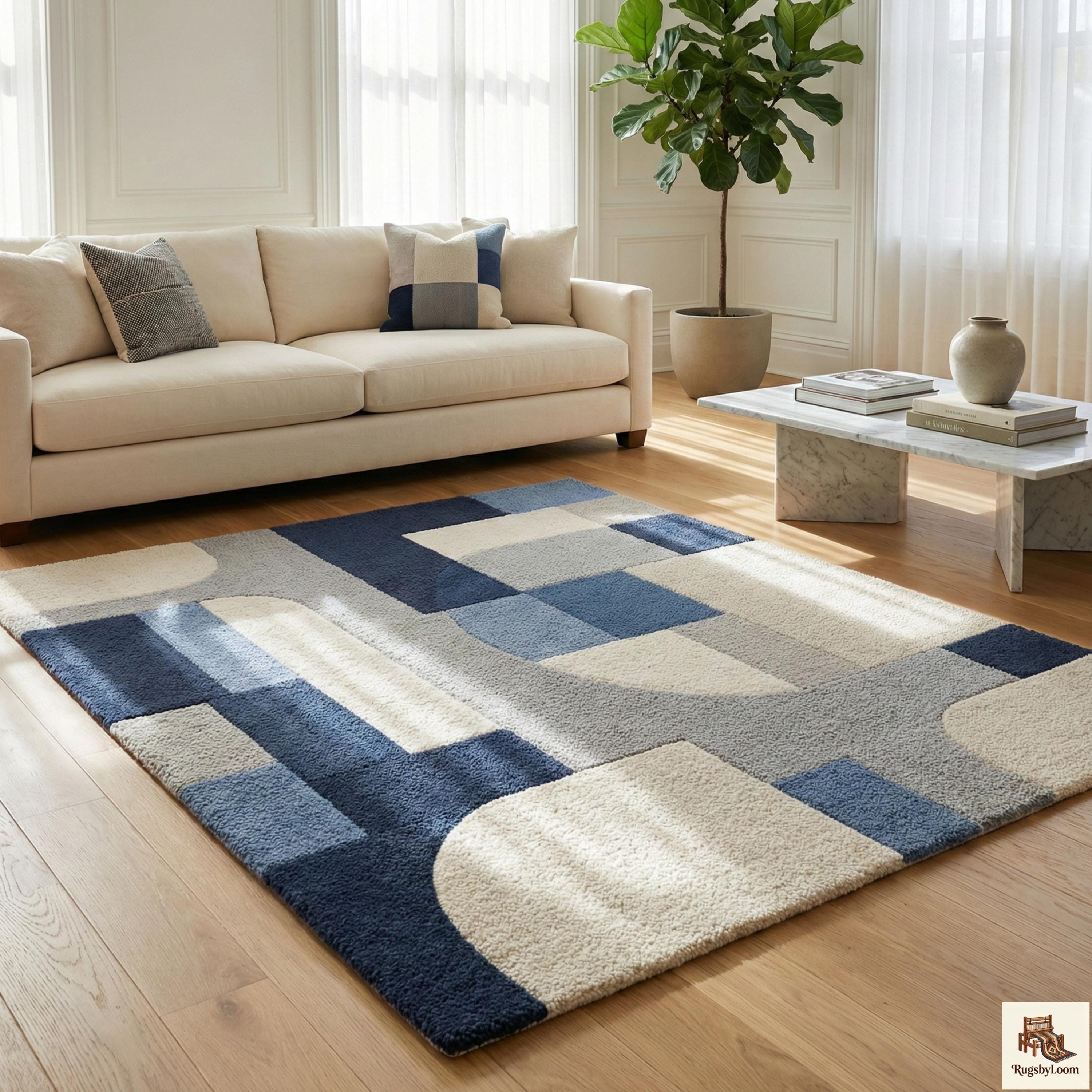 Modern Abstract Hand Tufted Wool Rug, Blue & Cream Geometric Area Rug ...