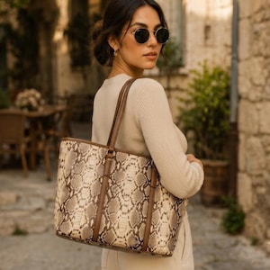 Puede incluir: Un bolso tote grande con un patrón de piel de serpiente en tonos beige y marrón, con correas y bordes de cuero marrón liso. El bolso tiene una forma rectangular estructurada con detalles verticales de cuero que recorren la parte frontal.