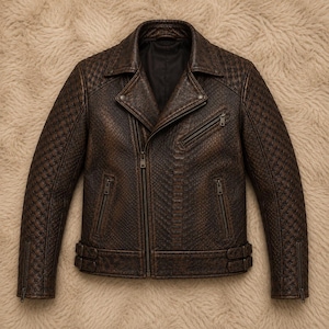 Men's Genuine Leather Jacket, Python Snake Print, Biker Jacket, Brown Distressed, Real Leather, Motorcycle Jacket, Belted,  Gift for Him