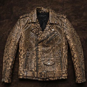 May include: A motorcycle jacket featuring a brown and black snakeskin pattern. The jacket includes a notched lapel with silver-tone metal snaps, an asymmetrical front zipper, three zippered pockets, a small flap pocket with a snap, and a buckled belt.